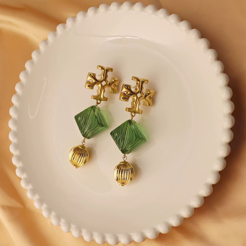 Tory Burch Classic Copper Gold Plated Square Resin Retro Stud Earrings